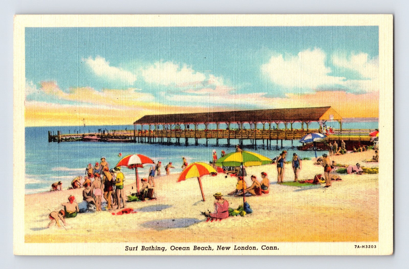New London Connecticut Ocean Beach surf bathing pier swimmers umbrellas 1940s unposted postcard