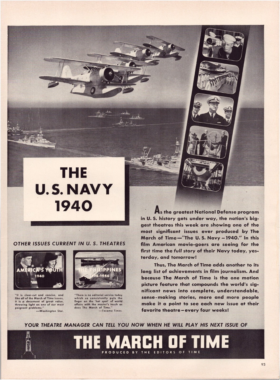 1940 March of Time film advertisement featuring US Navy biplanes flying over warships with inset images of naval personnel and training scenes