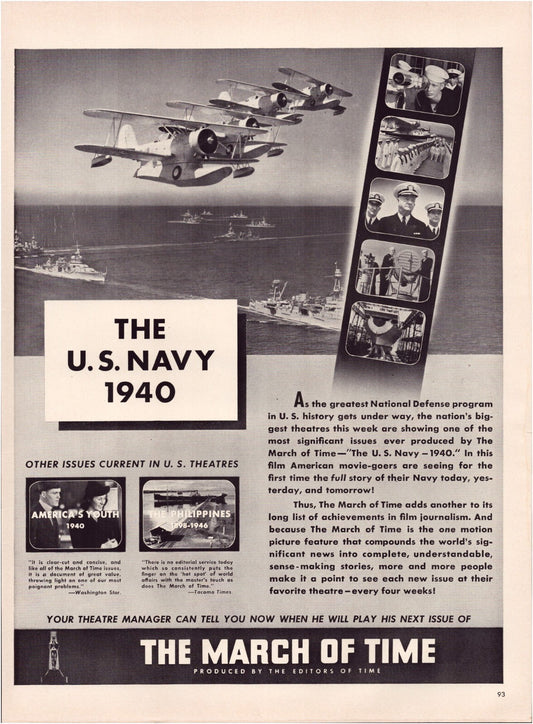 1940 March of Time film advertisement featuring US Navy biplanes flying over warships with inset images of naval personnel and training scenes