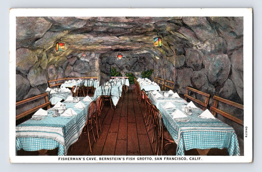San Francisco California Bernsteins Fish Grotto Fishermans Cave dining room interior 1931 postcard