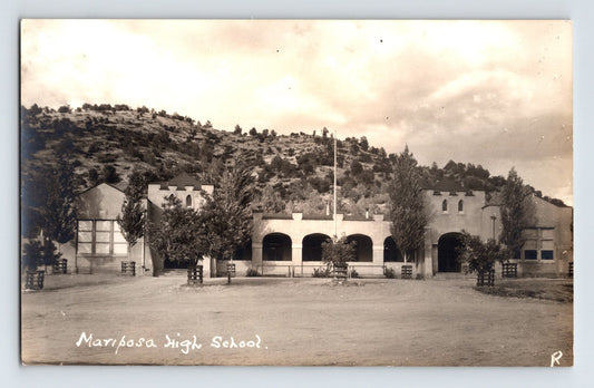 Mariposa High School building exterior California 1930s real photo postcard with hillside backdrop and courtyard