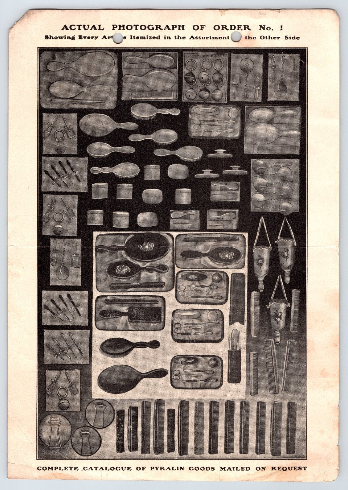 1907 Arlington Company Pyralin goods order form showing assortment of celluloid vanity items, combs, brushes, and grooming accessories in catalog layout