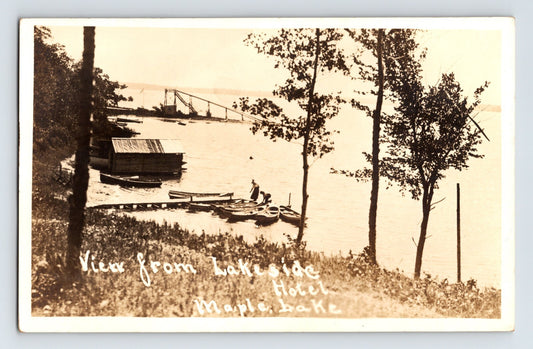 Real photo postcard view from Lakeside Hotel Maple Lake Minnesota with dock boats and lakeshore 1910s
