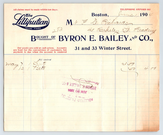 Boston Massachusetts Byron E Bailey Lilliputian clothiers billhead 1904
