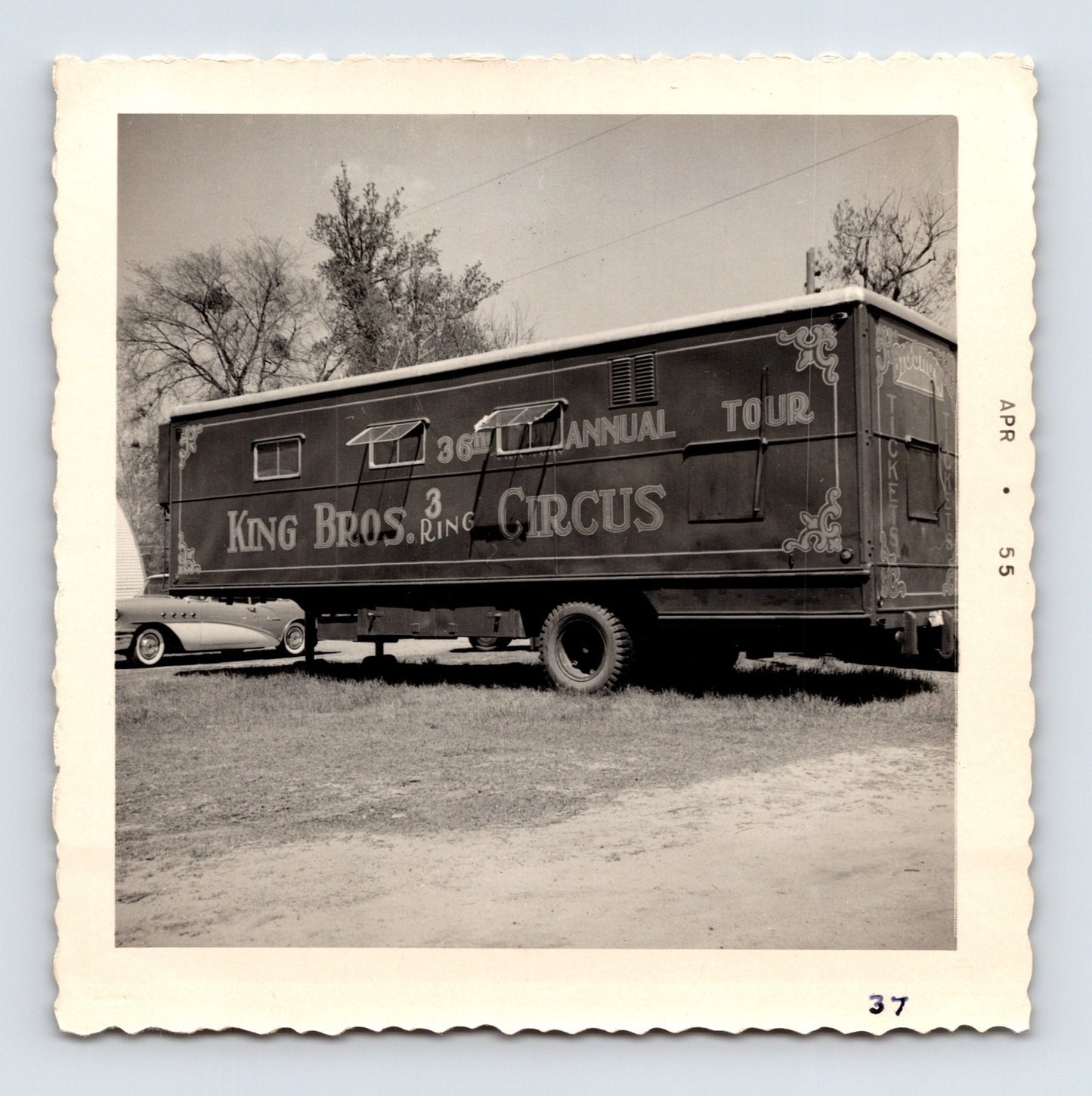 King Bros Circus 1955 photo of 36th annual tour trailer wagon with painted circus lettering - 3.5 x 3.5