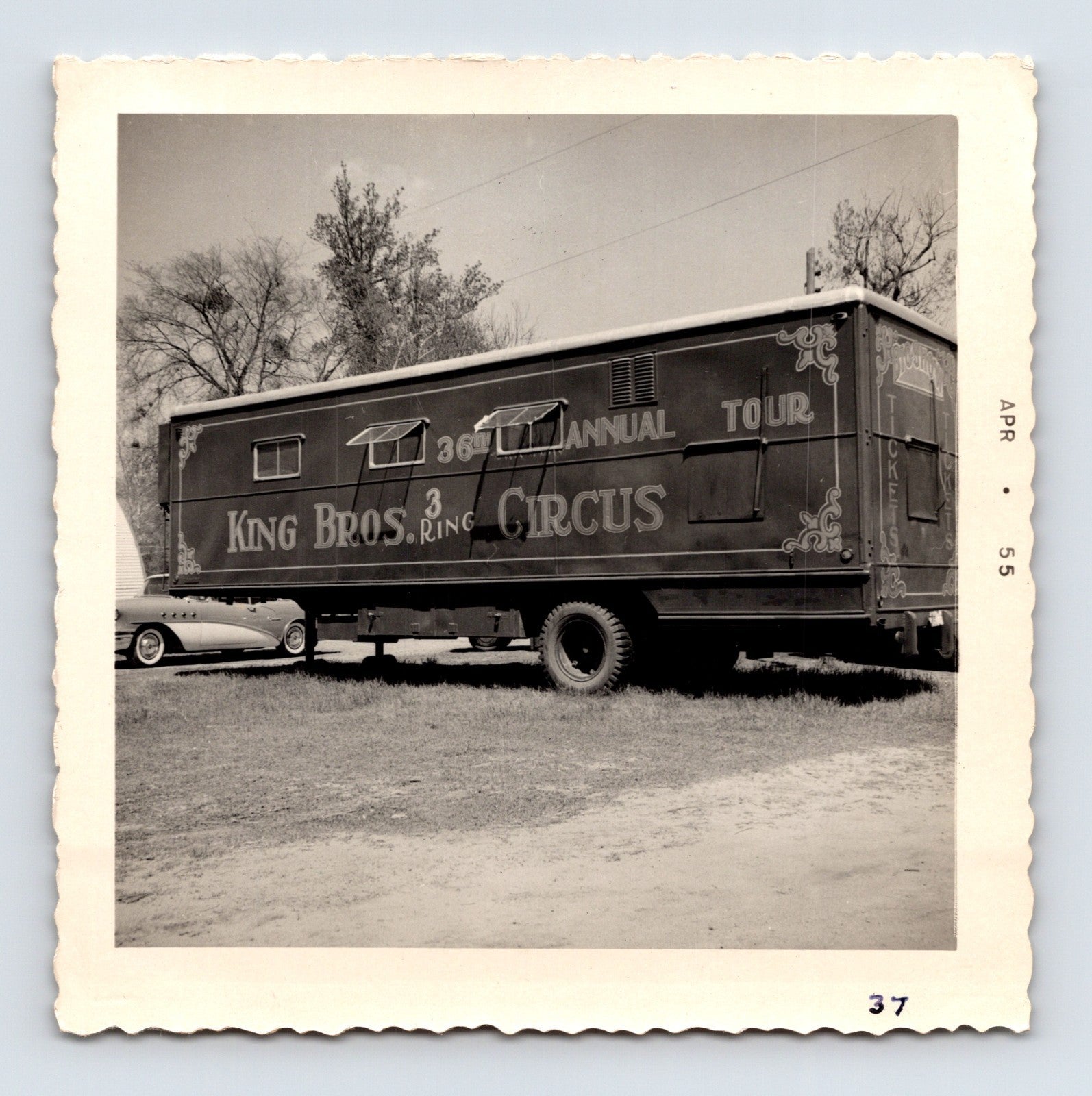 King Bros Circus 1955 photo of 36th annual tour trailer wagon with painted circus lettering - 3.5 x 3.5
