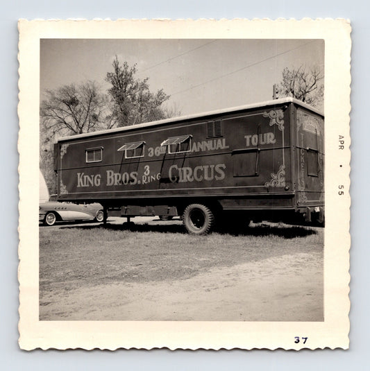 King Bros Circus 1955 photo of 36th annual tour trailer wagon with painted circus lettering - 3.5 x 3.5