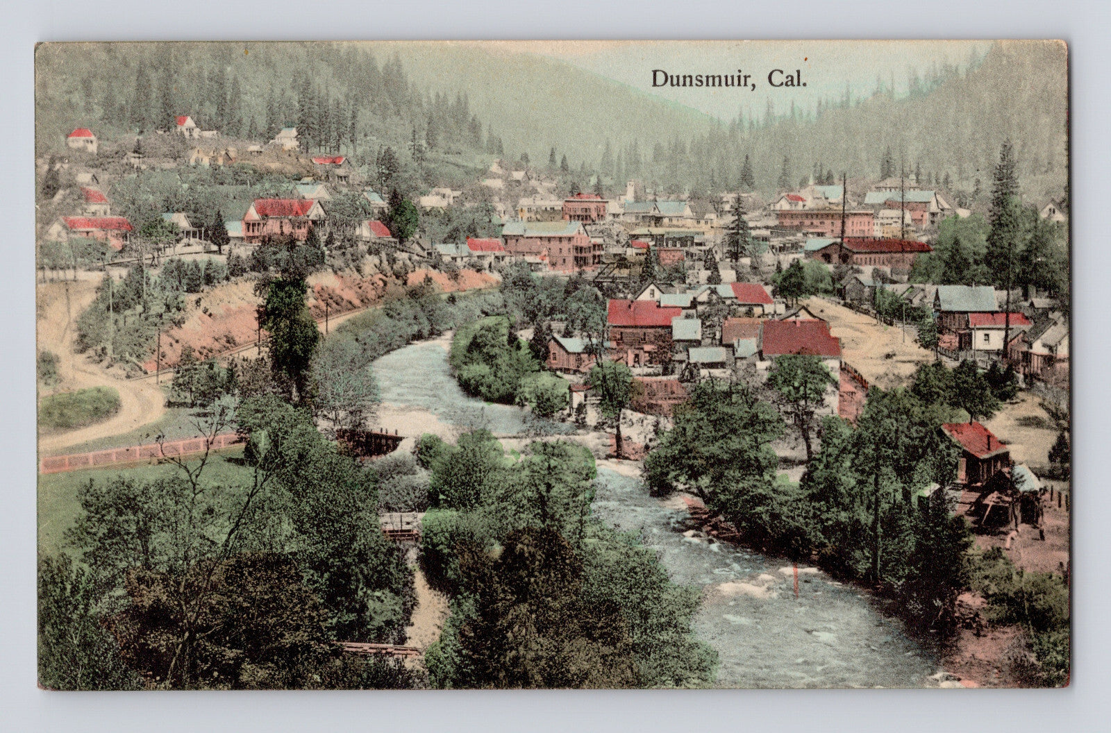 Dunsmuir California downtown aerial Sacramento River early town view 1910s postcard divided back