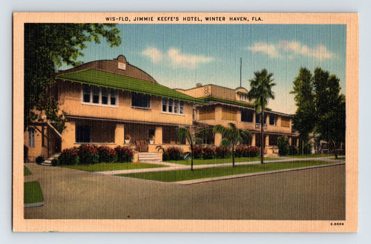 Winter Haven Florida Wis Flo Jimmie Keefe Hotel linen postcard palm trees 1940s