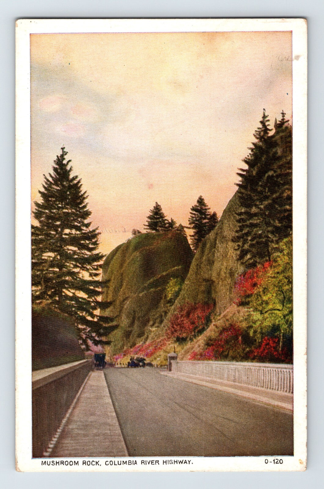 Columbia River Highway Washington Mushroom Rock 1910s postcard with early automobile road scene cliffside evergreens and hand colored landscape