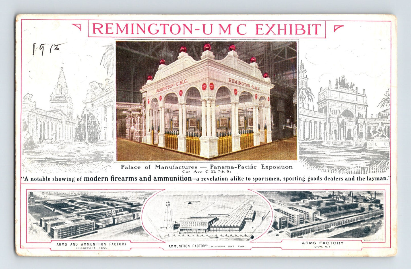 Color postcard showing the Remington-UMC exhibit pavilion at the 1915 Panama-Pacific International Exposition in San Francisco, with factory illustration panels along the lower border