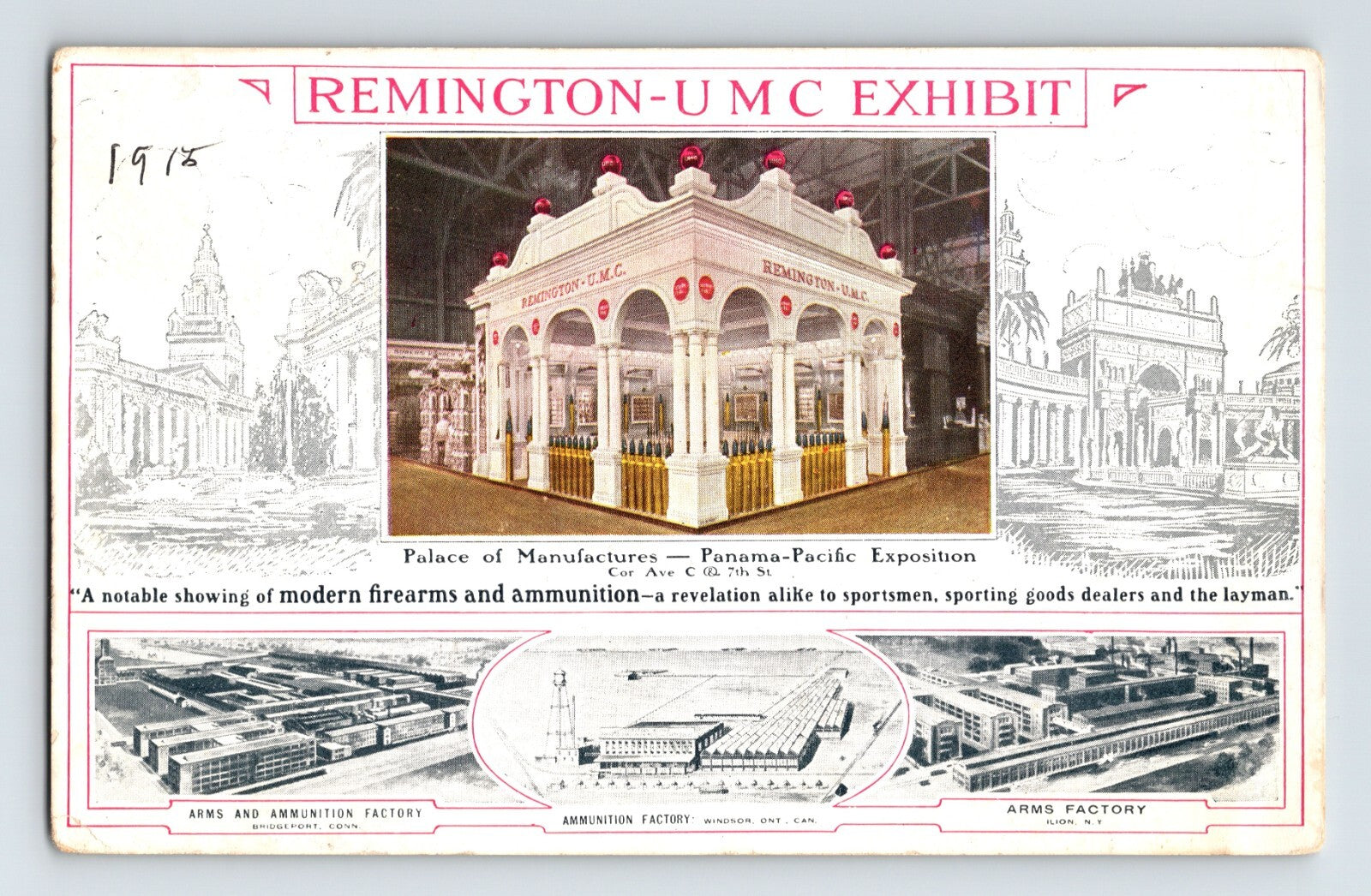 Color postcard showing the Remington-UMC exhibit pavilion at the 1915 Panama-Pacific International Exposition in San Francisco, with factory illustration panels along the lower border
