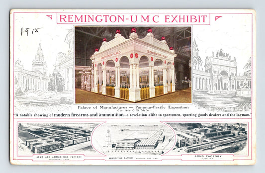 Color postcard showing the Remington-UMC exhibit pavilion at the 1915 Panama-Pacific International Exposition in San Francisco, with factory illustration panels along the lower border