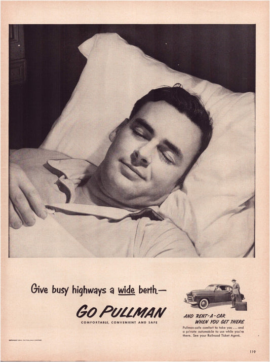 Pullman train advertisement 1952 man sleeping in berth railroad travel magazine page