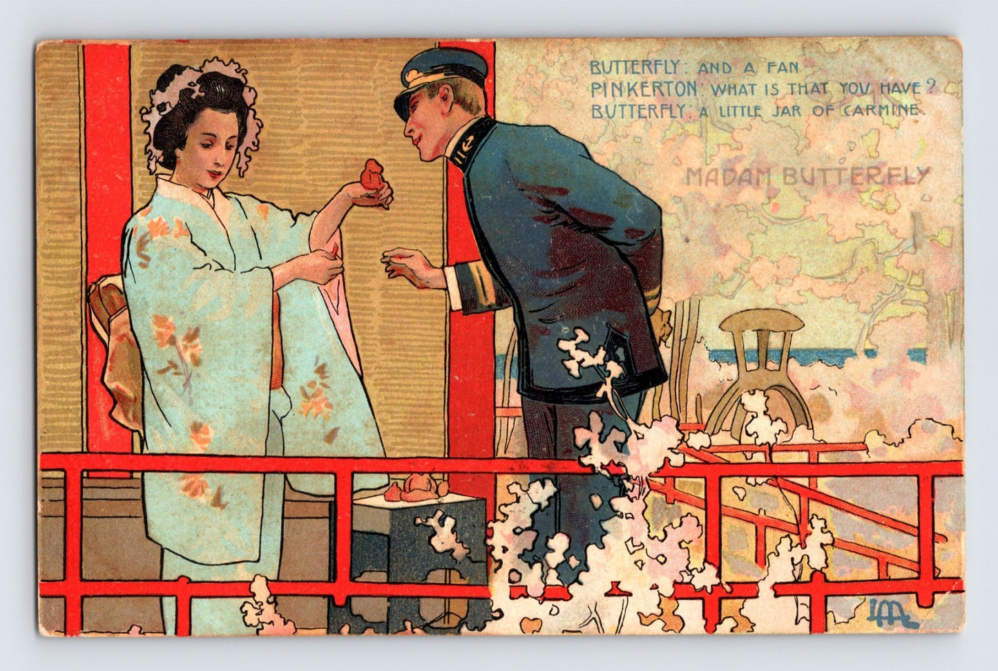 1906 Madam Butterfly opera postcard showing Japanese garden scene with naval officer and woman kimono at Ford’s Theatre Washington DC posted card