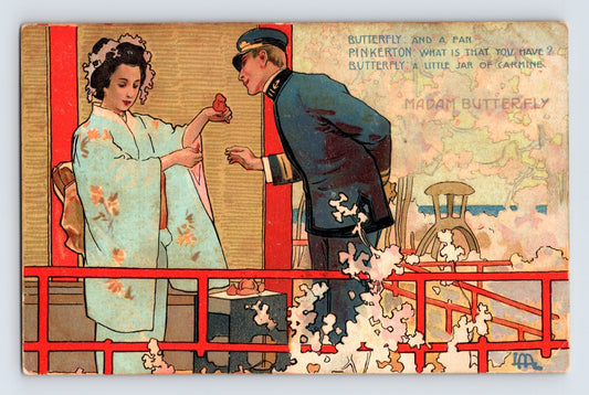 1906 Madam Butterfly opera postcard showing Japanese garden scene with naval officer and woman kimono at Ford’s Theatre Washington DC posted card