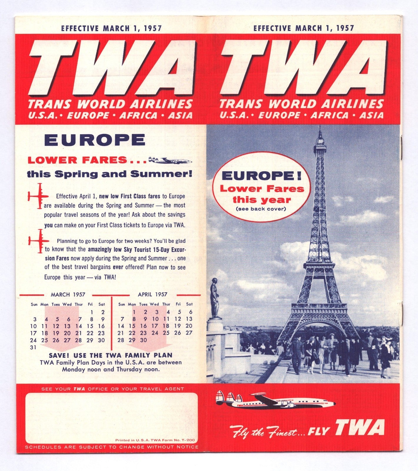 TWA Trans World Airlines 1957 Paris Eiffel Tower System Time Table Brochure