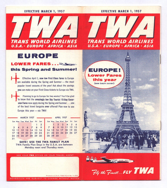 TWA Trans World Airlines 1957 Paris Eiffel Tower System Time Table Brochure