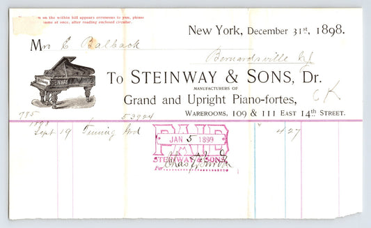 Steinway & Sons New York City 1898 Piano Tuning Billhead 8 x 5