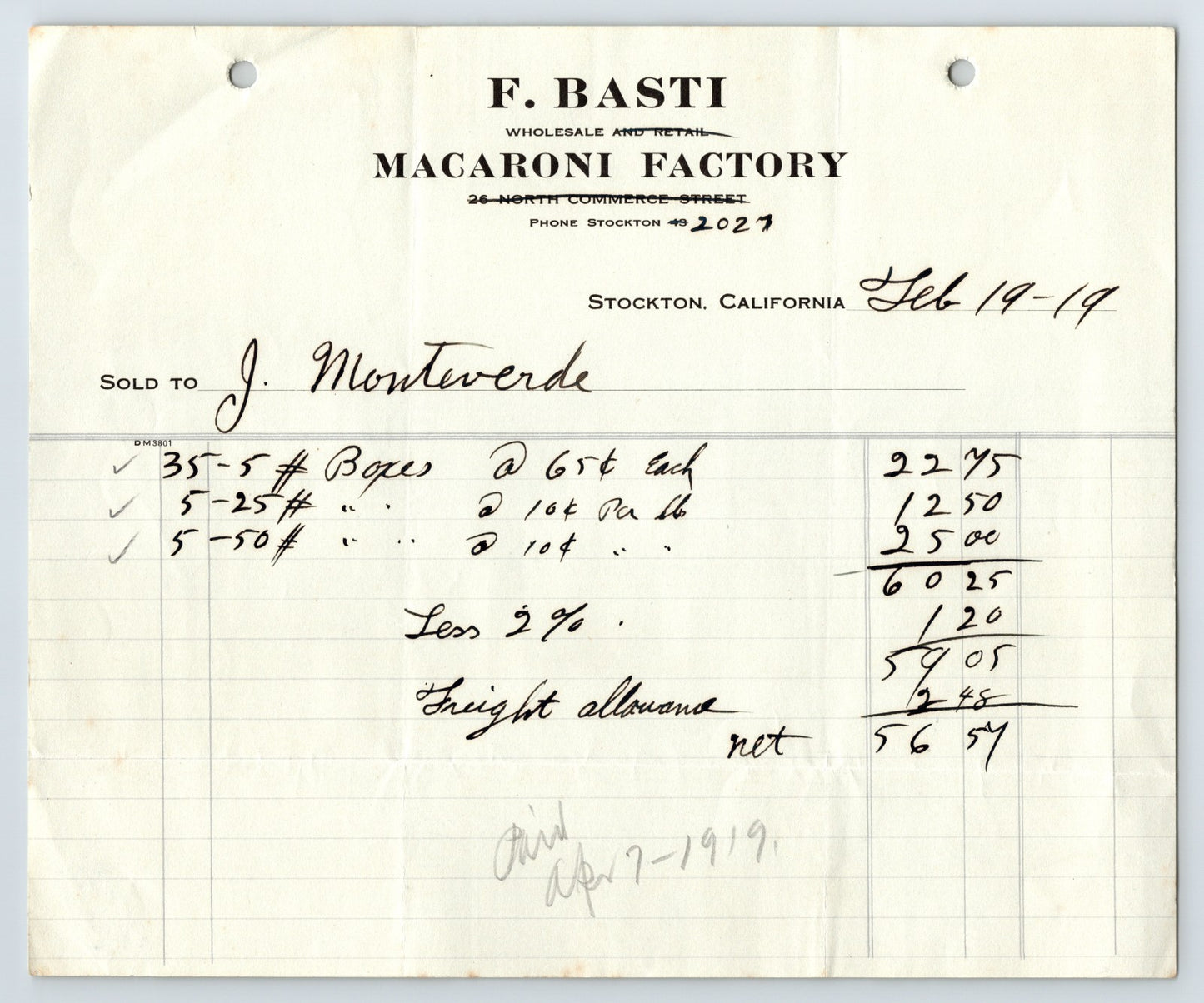 1919 F Basti Macaroni Factory billhead invoice Stockton California wholesale pasta document signed February 19 1919