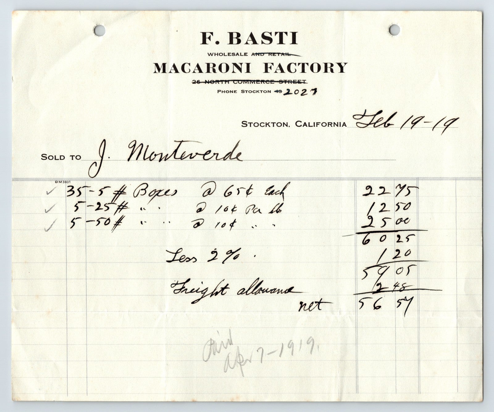 1919 F Basti Macaroni Factory billhead invoice Stockton California wholesale pasta document signed February 19 1919