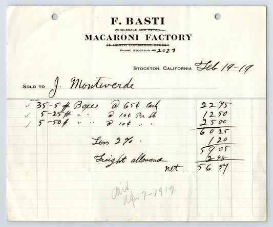 1919 F Basti Macaroni Factory billhead invoice Stockton California wholesale pasta document signed February 19 1919