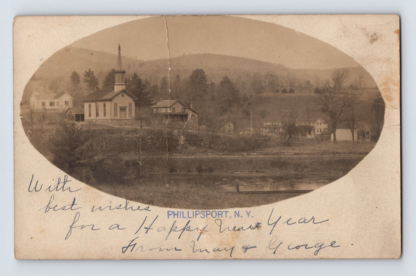 Phillipsport New York church village landscape oval photograph 1904 photo postcard