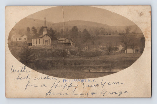 Phillipsport New York church village landscape oval photograph 1904 photo postcard