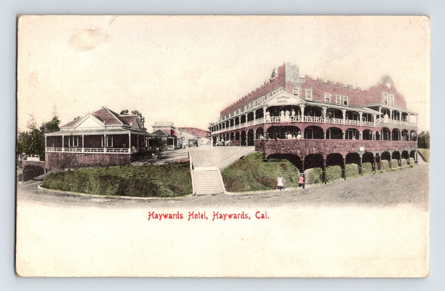 Hayward California Haywards Hotel large multi level building 1910s hand colored postcard