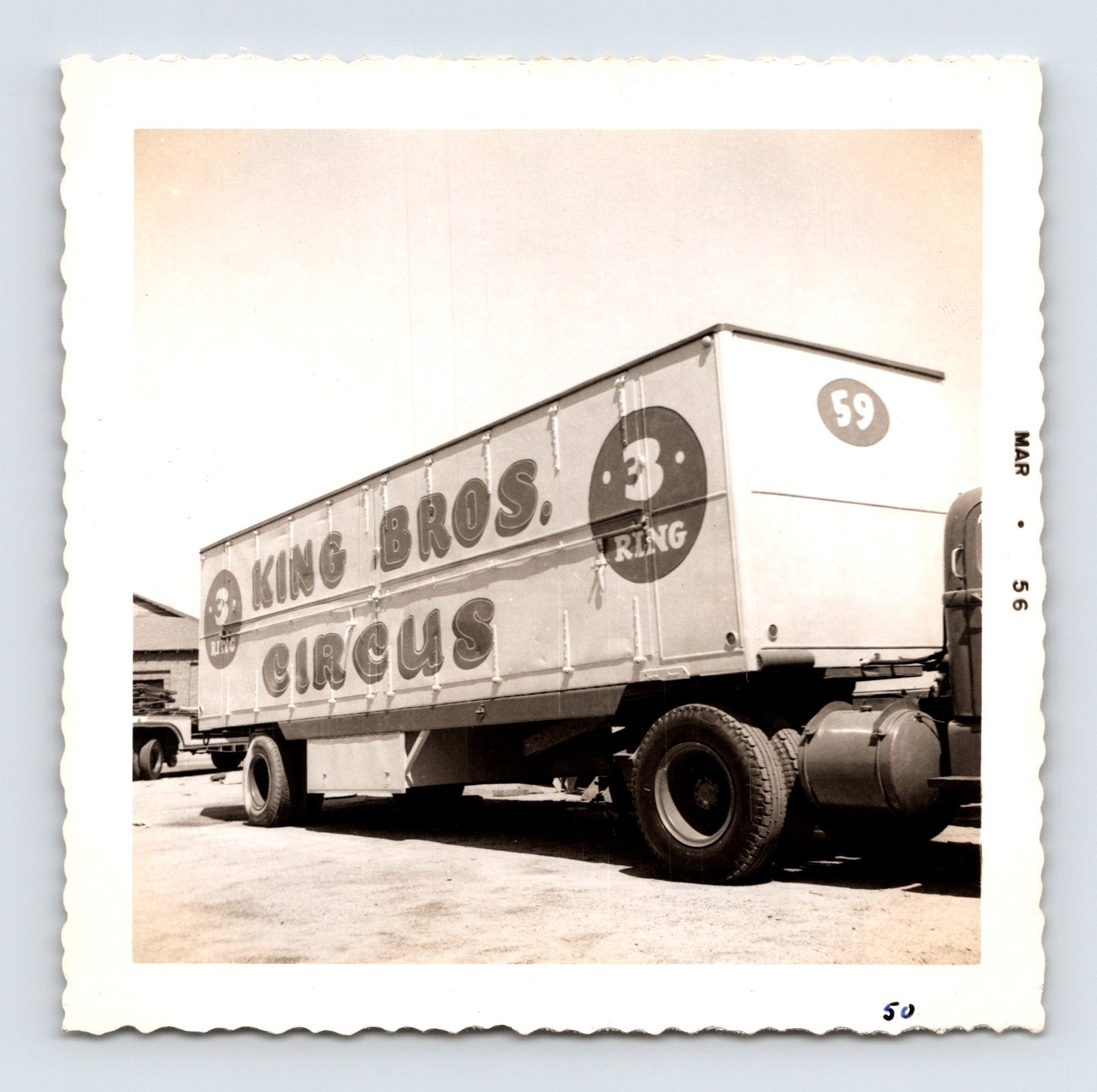 King Bros Circus 1956 photo large transport trailer Three Ring logo number 59 winter quarters yard