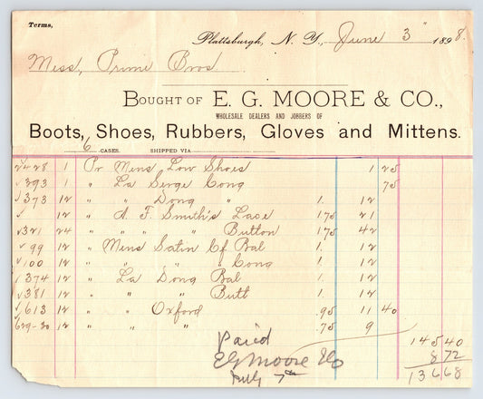 1898 E G Moore and Company billhead from Plattsburgh New York listing boots shoes rubbers gloves and mittens with handwritten itemized entries and totals