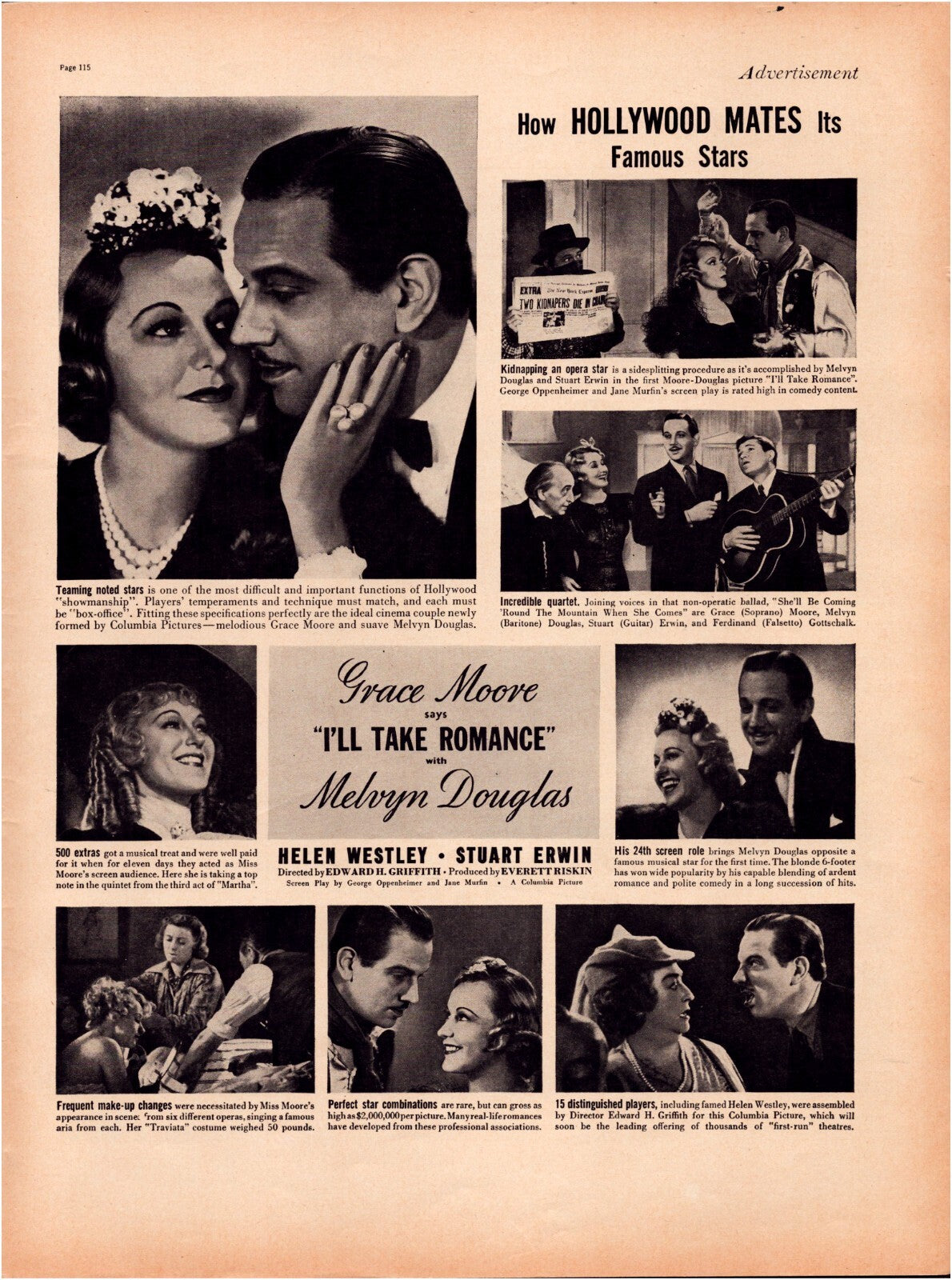 Ill Take Romance 1937 film print advertisement featuring Grace Moore and Melvyn Douglas with multiple scene stills and studio promotional layout