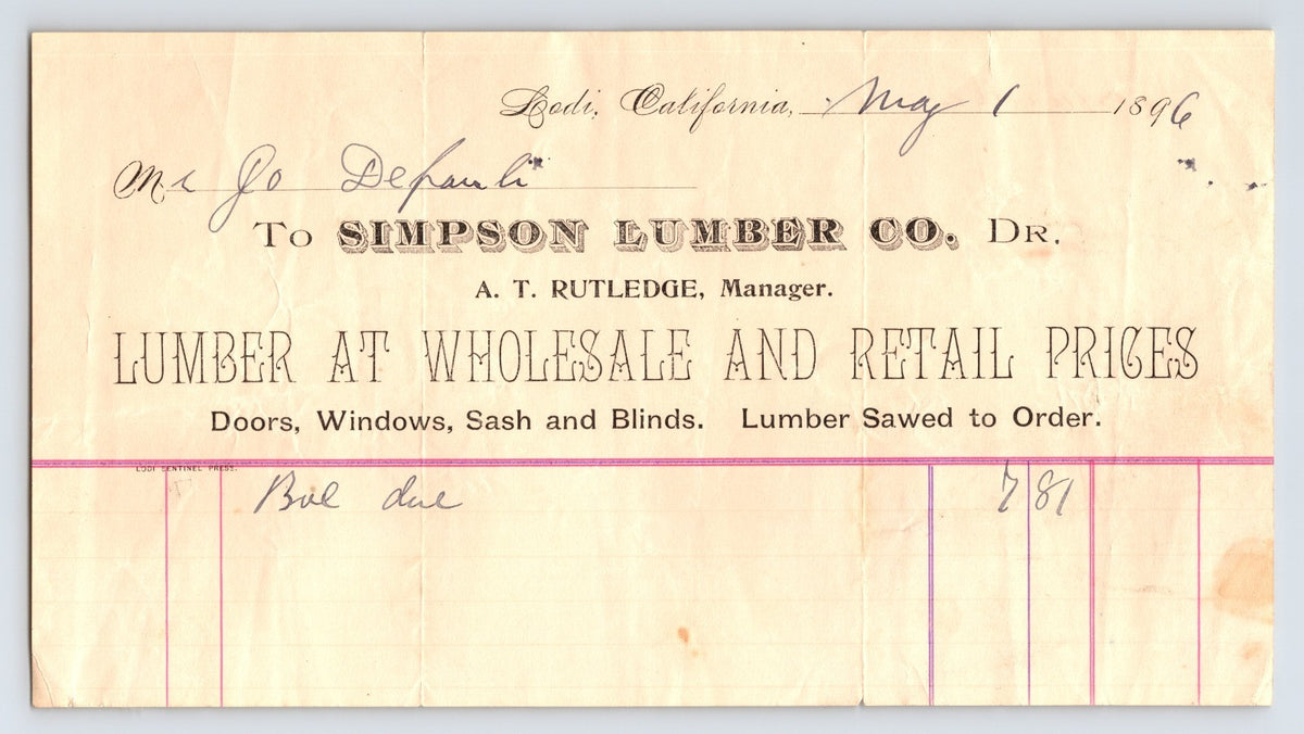 Lodi California 1896 Simpson Lumber Company Billhead 8 x 4.5