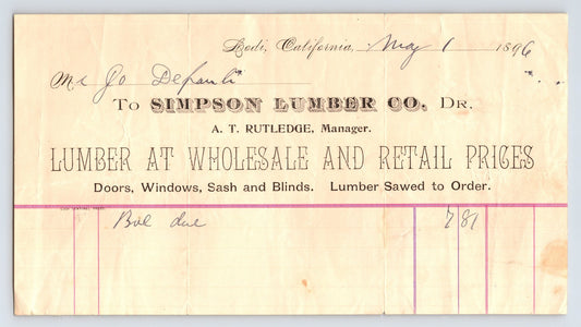 Lodi California 1896 Simpson Lumber Company Billhead 8 x 4.5