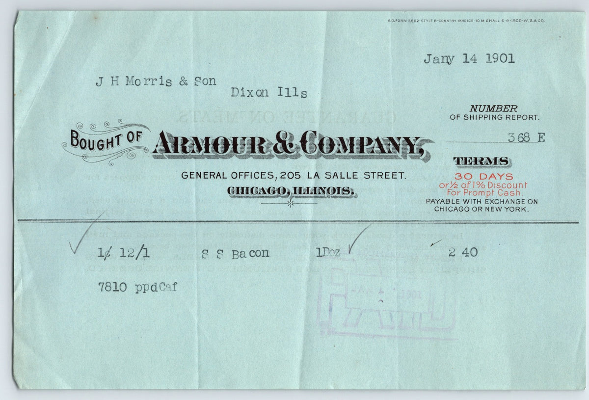 Chicago Illinois Armour and Company meat packing billhead invoice 1901