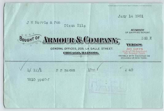 Chicago Illinois Armour and Company meat packing billhead invoice 1901