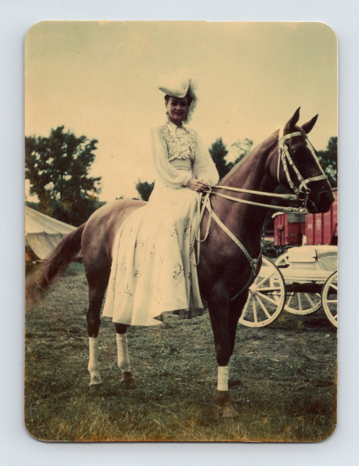 circus woman riding horse costume tent wagon 1950s snapshot equestrian portrait