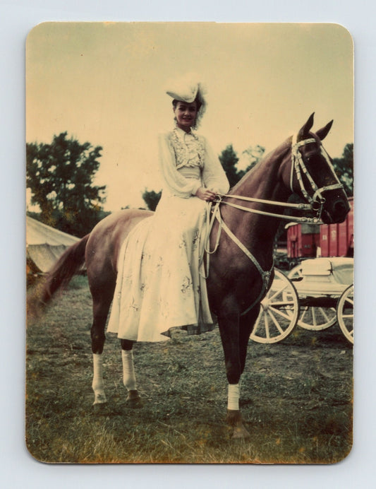 circus woman riding horse costume tent wagon 1950s snapshot equestrian portrait
