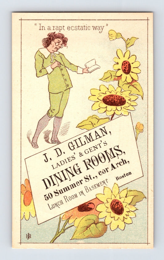 Boston Massachusetts Gilman Dining Rooms trade card woman reading sunflowers illustration