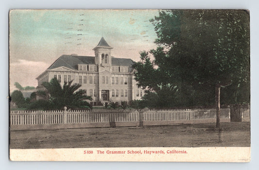 Hayward California Grammar School building with cupola and white fence 1910 posted divided back postcard