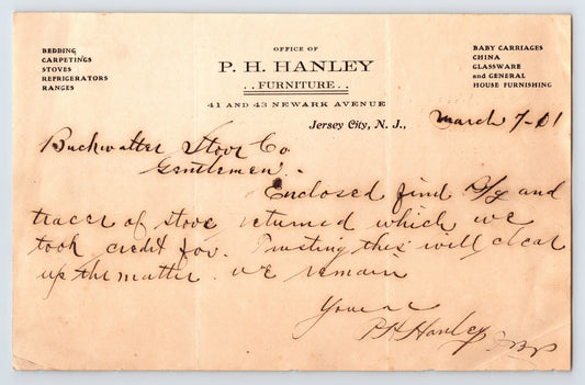 Jersey City New Jersey P H Hanley Furniture letterhead 1901 handwritten correspondence with furnishings categories