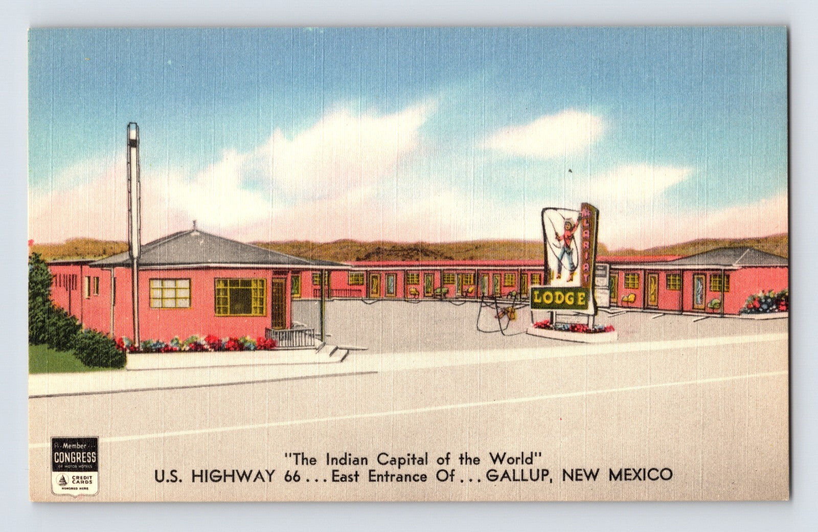 Gallup New Mexico Route 66 Lariat Lodge neon cowboy sign 1940s linen postcard