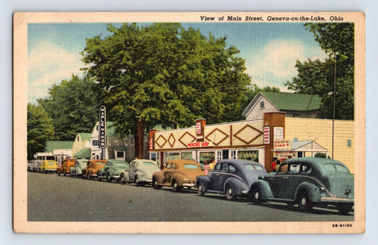 Geneva on the Lake Ohio Main Street Maple Manor cars roadside 1940s linen postcard