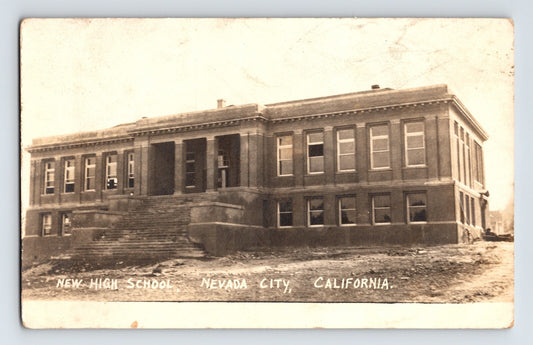 Nevada City California New High School brick building with central staircase 1910s real photo postcard