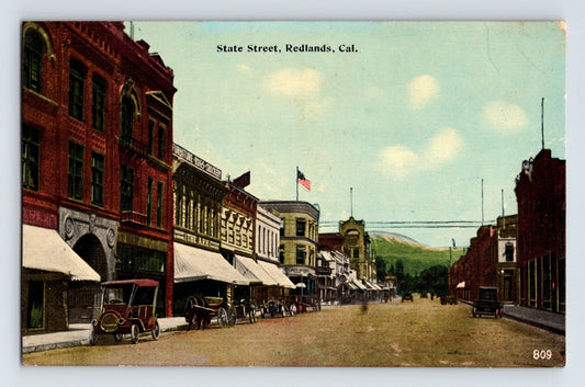 Redlands California State Street downtown early autos storefronts 1910s postcard