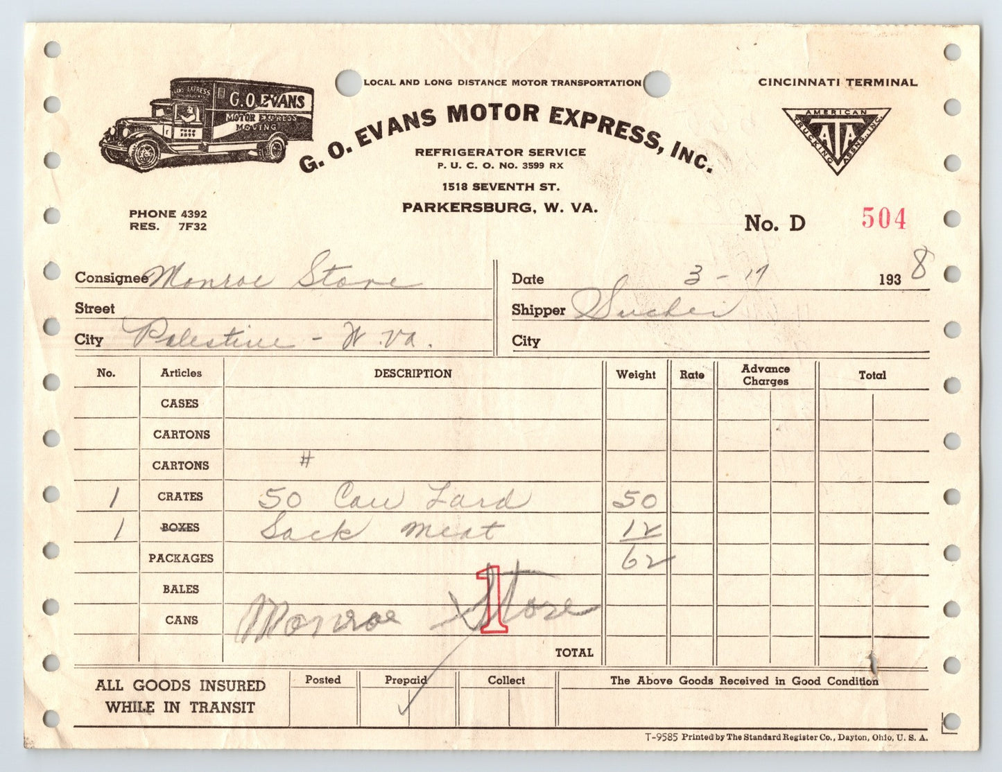 Parkersburg West Virginia Evans Motor Express 1938 billhead trucking freight receipt document