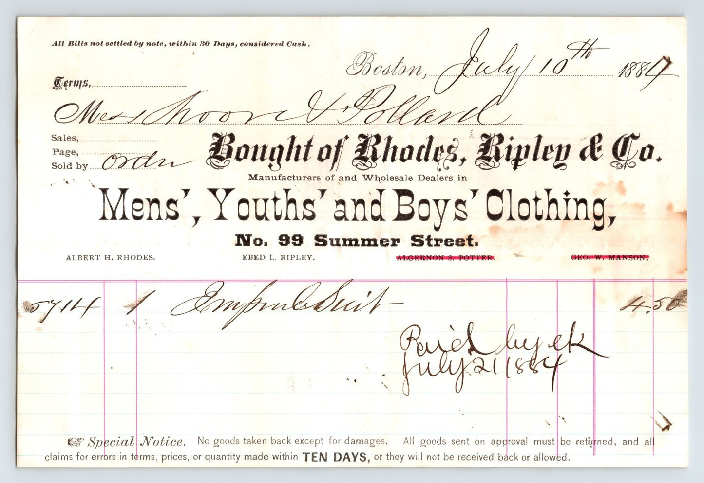 Boston Massachusetts Rhodes Ripley and Co billhead 1884 mens youths boys clothing invoice with handwritten entry