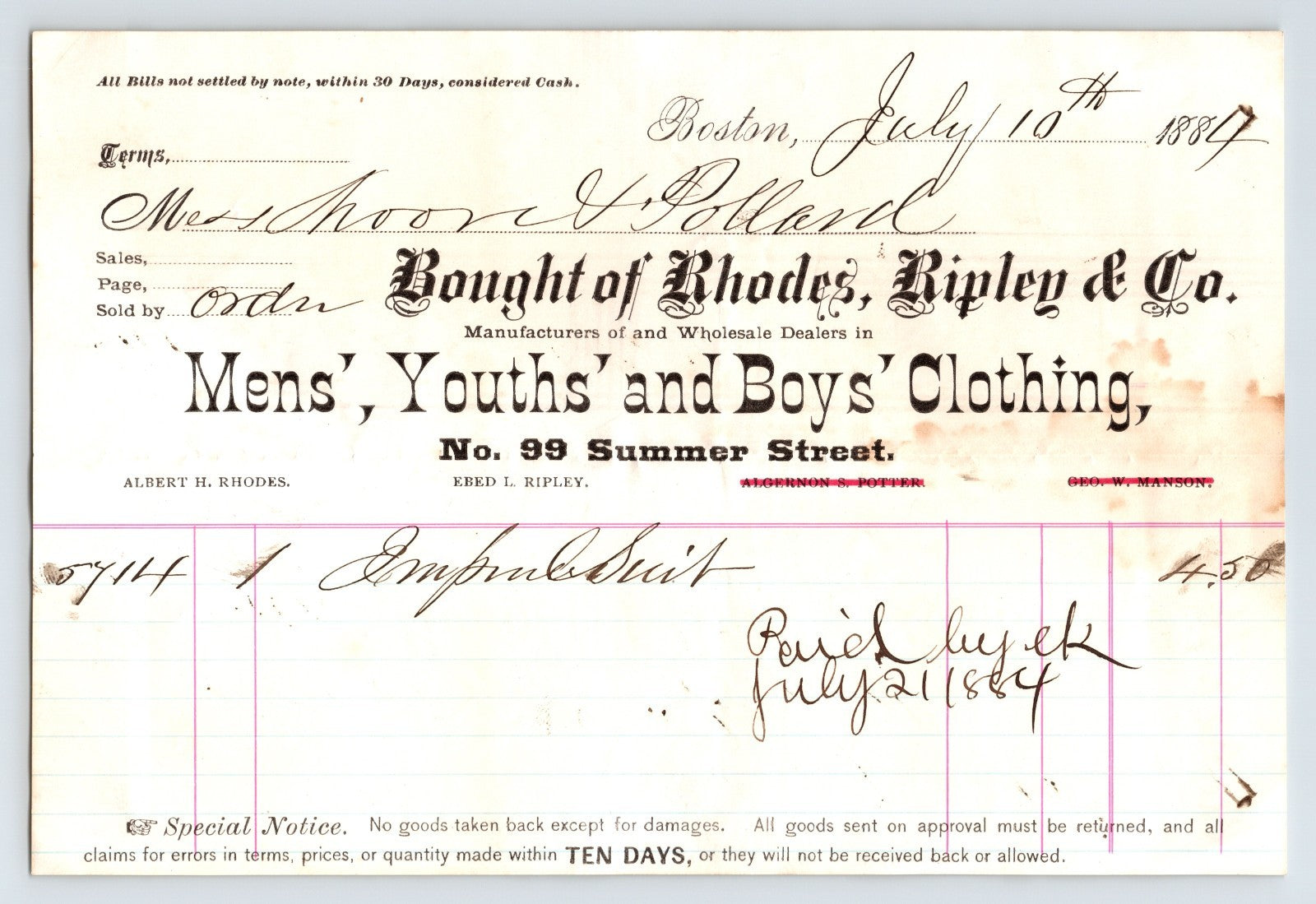 Boston Massachusetts Rhodes Ripley and Co billhead 1884 mens youths boys clothing invoice with handwritten entry