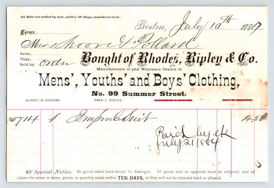 Boston Massachusetts Rhodes Ripley and Co billhead 1884 mens youths boys clothing invoice with handwritten entry