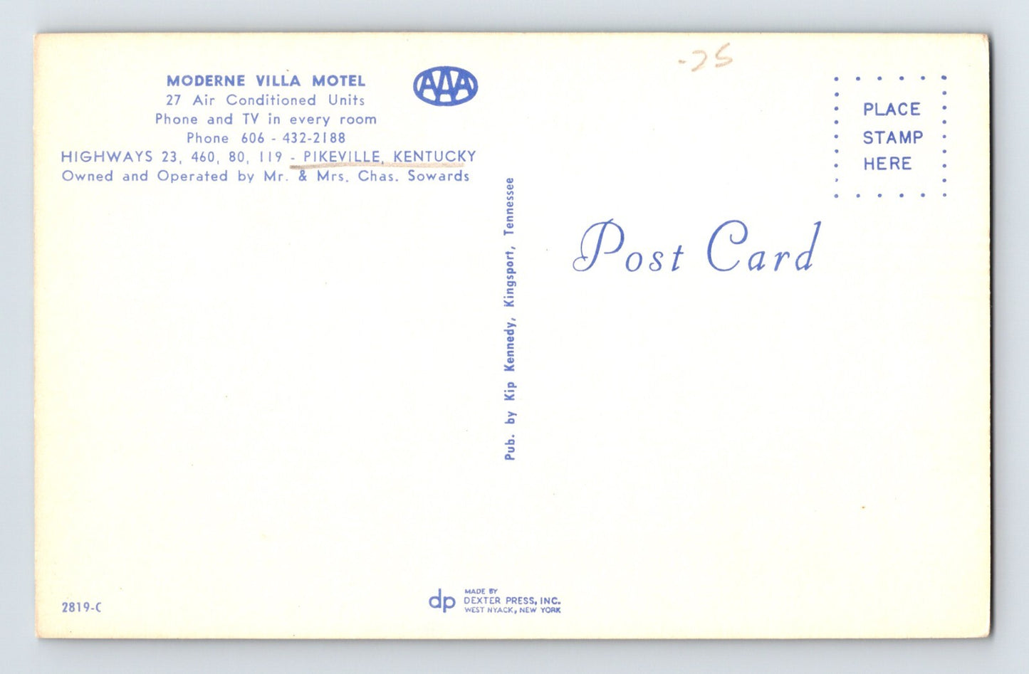 Pikeville Kentucky Moderne Villa Motel Room 1960s Postcard Unposted Chrome